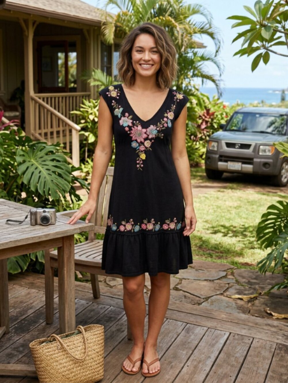 Johnny Was black boho embroidered mini dress